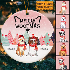 Personalised Merry Woofmas Pinktone Circle Ceramic Ornament - Personalized Dog Lovers Decorative Christmas Ornament