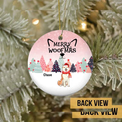 Personalisiertes Merry Woofmas Pinktone Circle Keramikornament – ​​personalisiertes dekoratives Weihnachtsornament für Hundeliebhaber