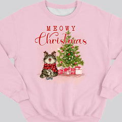 Meowy Weihnachten, Weihnachtsbaum &amp; Geschenke, personalisiertes Katzenrassen-Sweatshirt, Sweatshirt für Katzenliebhaber