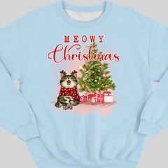 Meowy Weihnachten, Weihnachtsbaum &amp; Geschenke, personalisiertes Katzenrassen-Sweatshirt, Sweatshirt für Katzenliebhaber