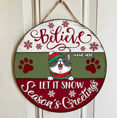 Christmas Door Decorations, Gifts For Cat Lovers, Believe Let It Snow Season's Greetings Welcome Door Signs , Cat Mom Gifts