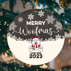 Personalisierter fröhlicher Woofmas-Keramik-Ornament aus braunem Holz – personalisierter dekorativer Weihnachtsschmuck für Hundeliebhaber