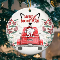 Merry Woofmas, Keramik-Ornament mit rotem LKW-Kreis, personalisiertes Hunderassen-Ornament, Geschenke für Hundeliebhaber